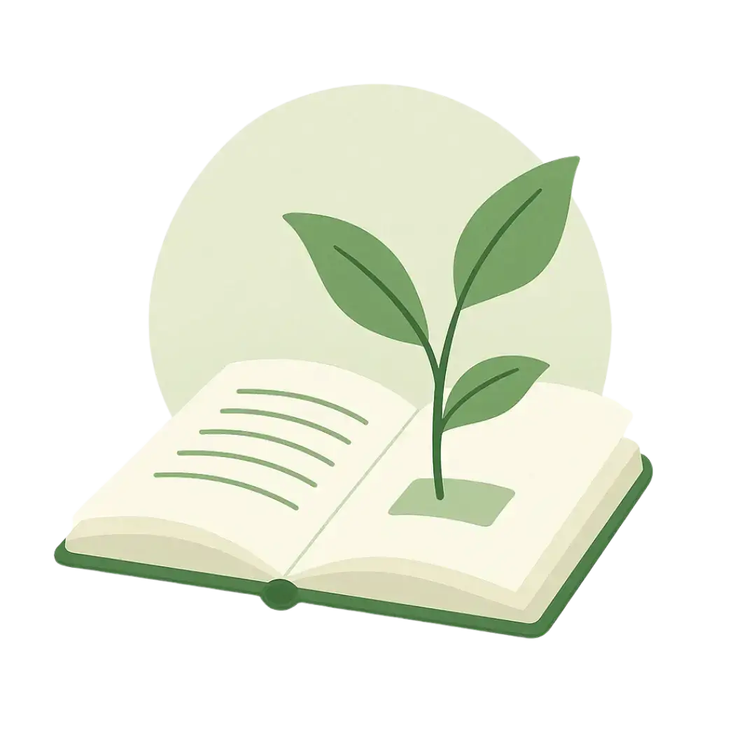 Open book with sprouting plant – Green Label Talks sustainability learning illustration