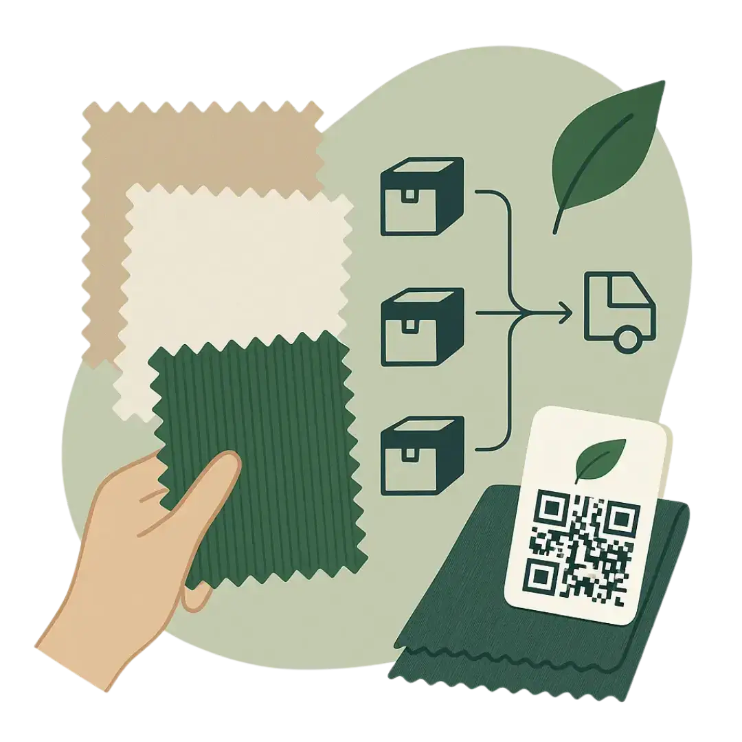 Sustainable textile supply chain illustration with fabric samples and QR code – Green Label Talks