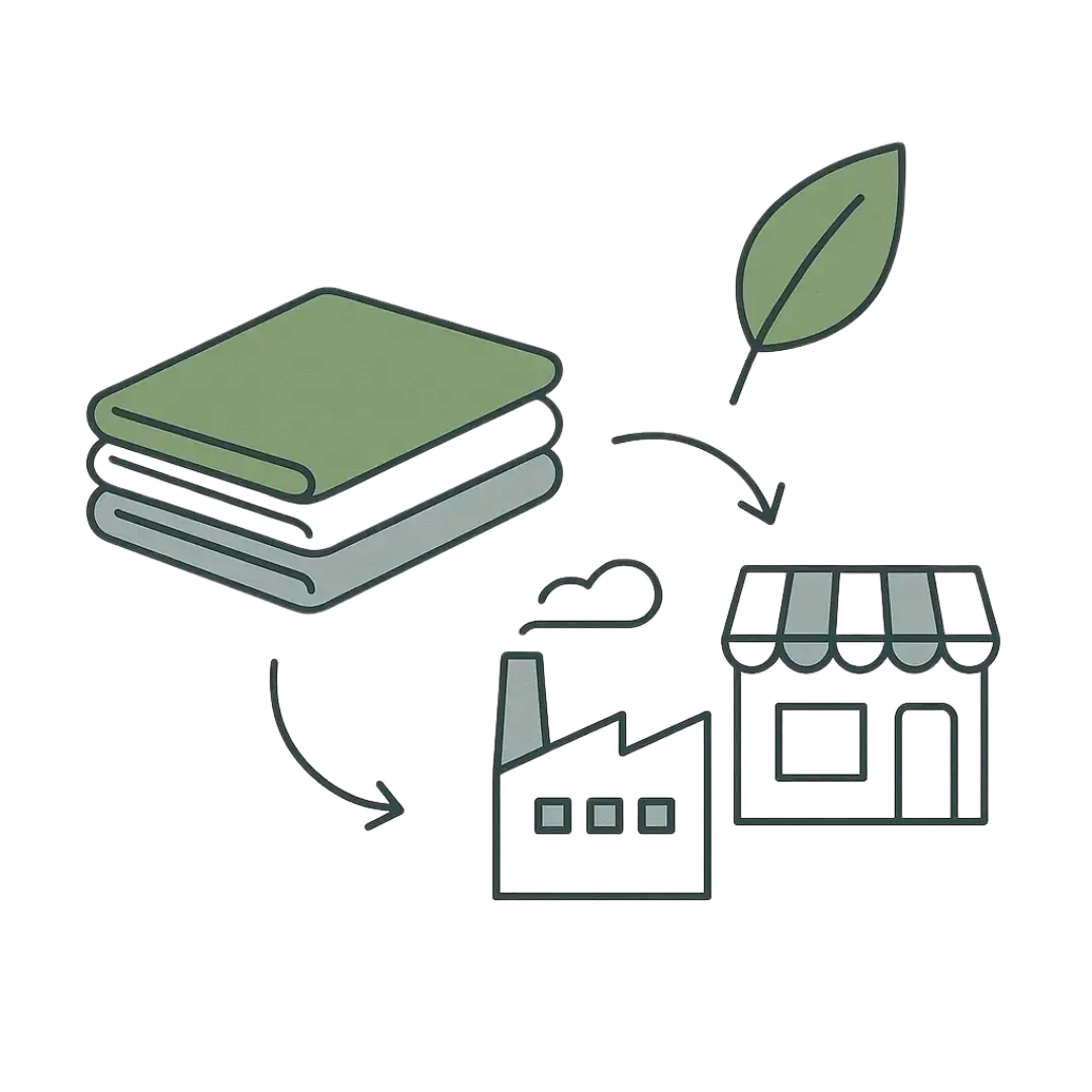 Circular textile supply chain illustration with factory, fabrics, and shop – Green Label Talks