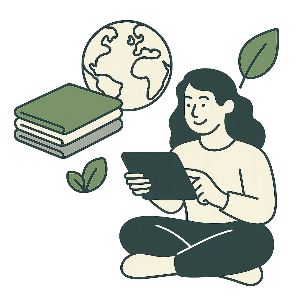Woman studying with tablet beside globe and books – Green Label Talks sustainability education visual