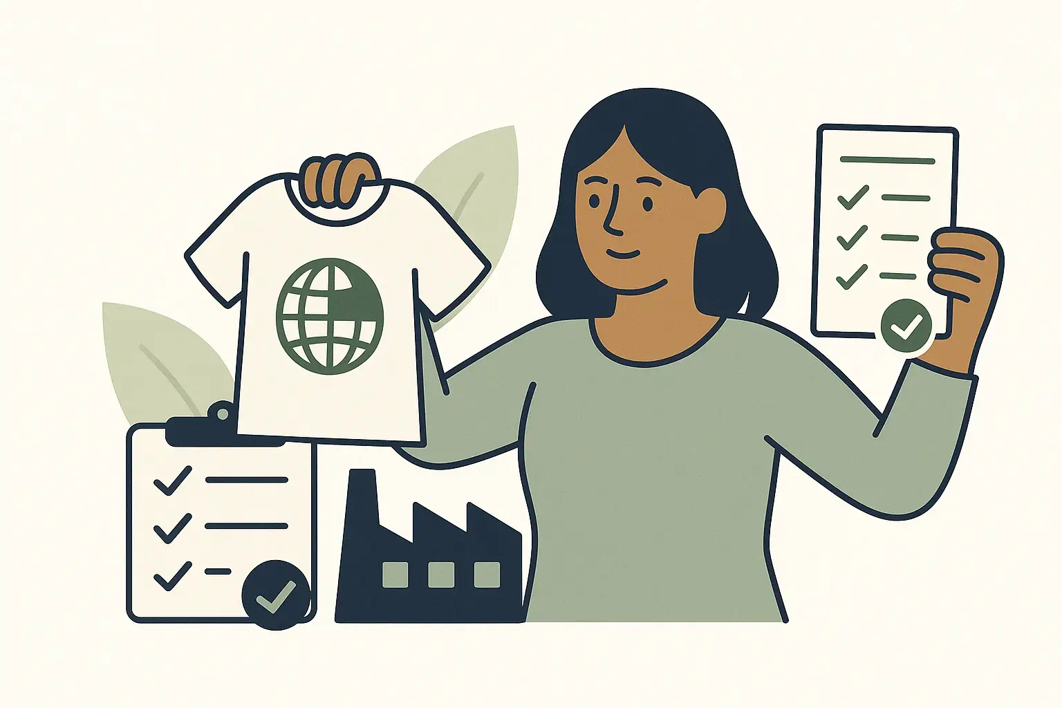 Woman holding certified t-shirt and checklist – Green Label Talks sustainability hero illustration